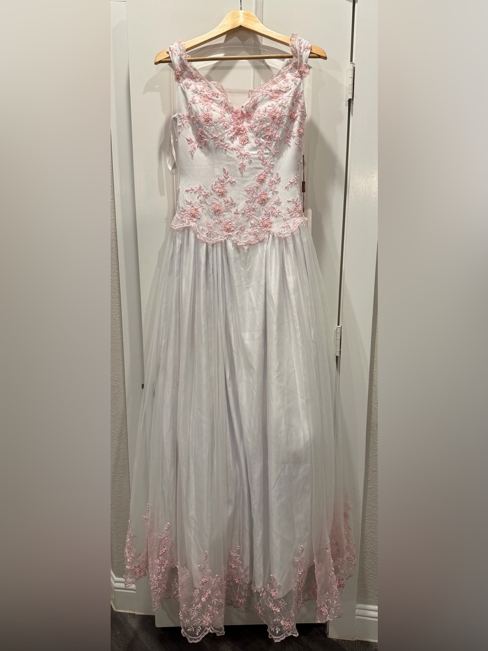 Milano White Gown with Pink Floral Appliqué